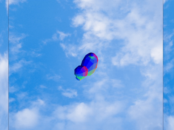 Using p5 code, a 3D model of a duck is viewed in a cube with a sky texture with a camera that is controlled by key inputs from the MakeyMakey.